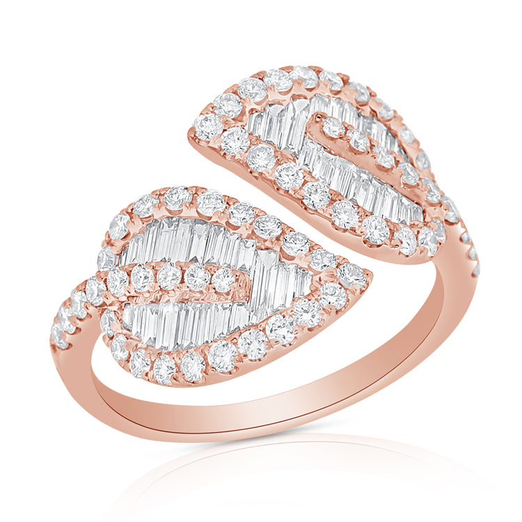 14k Gold & Baguette Diamond Double Leaf Ring