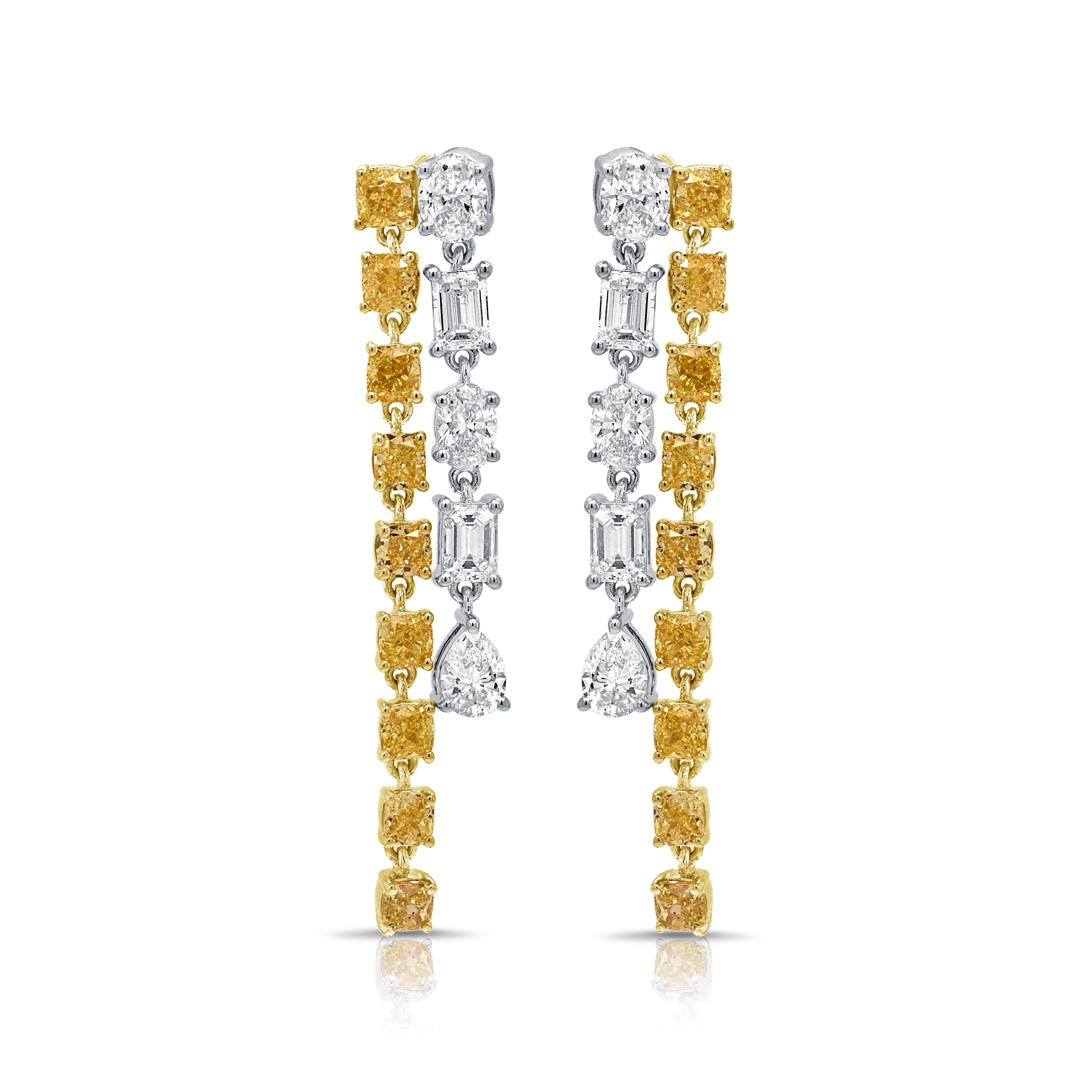 14K Gold Yellow Diamond & Fancy Shape White Diamond Drop Earrings - 1.65ct