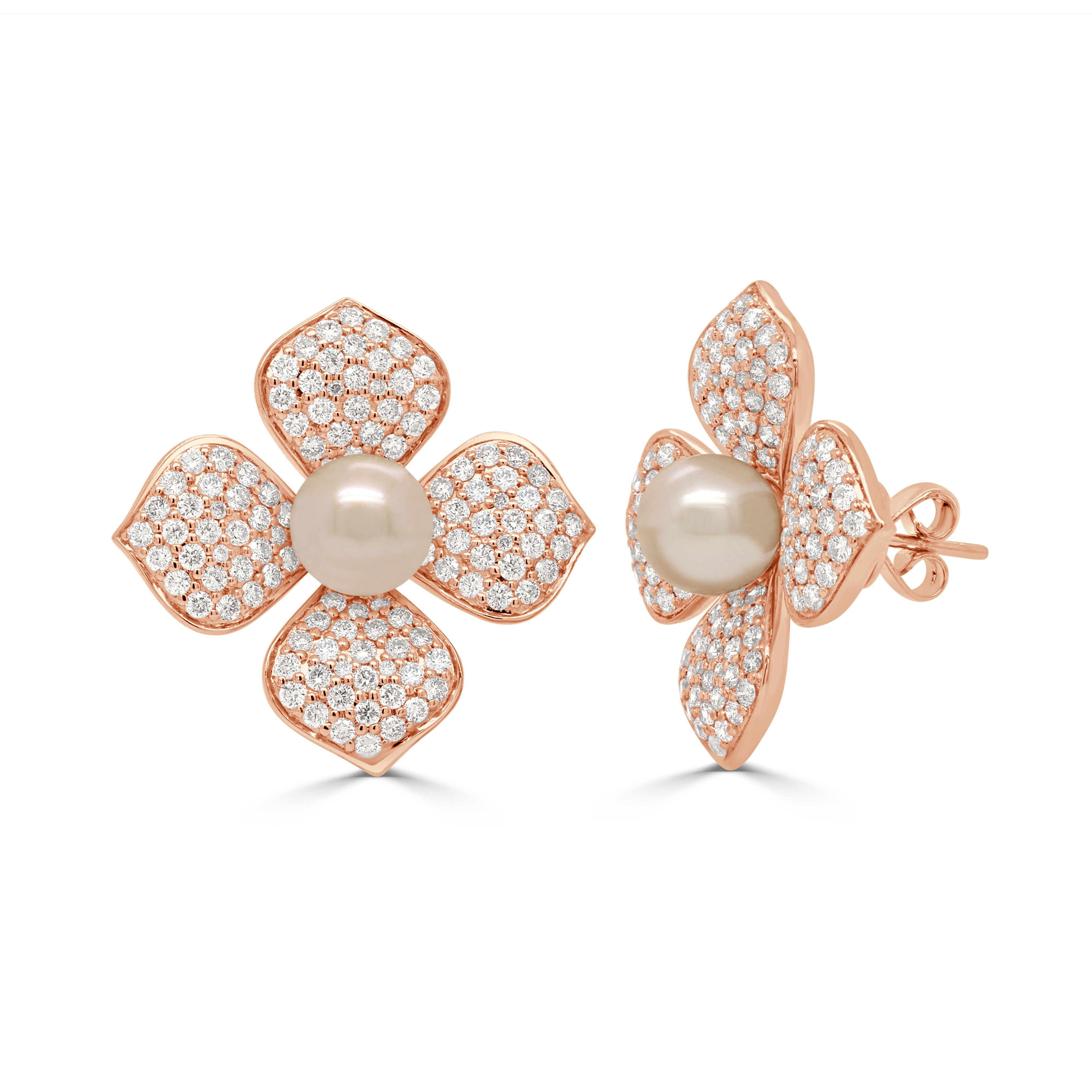 14K Gold Pearl & Diamond Floral Earrings - 2.16ct