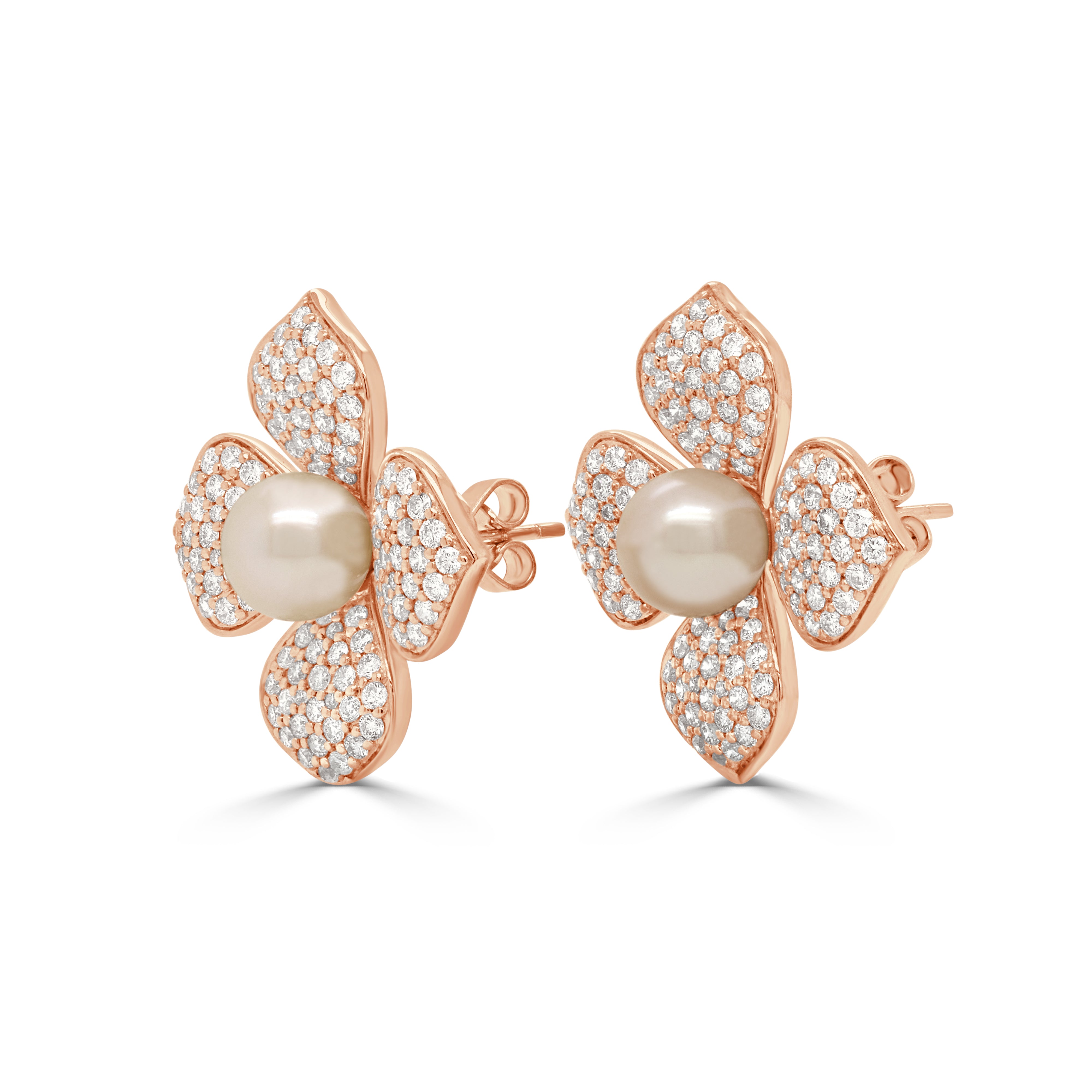 14K Gold Pearl & Diamond Floral Earrings - 2.16ct