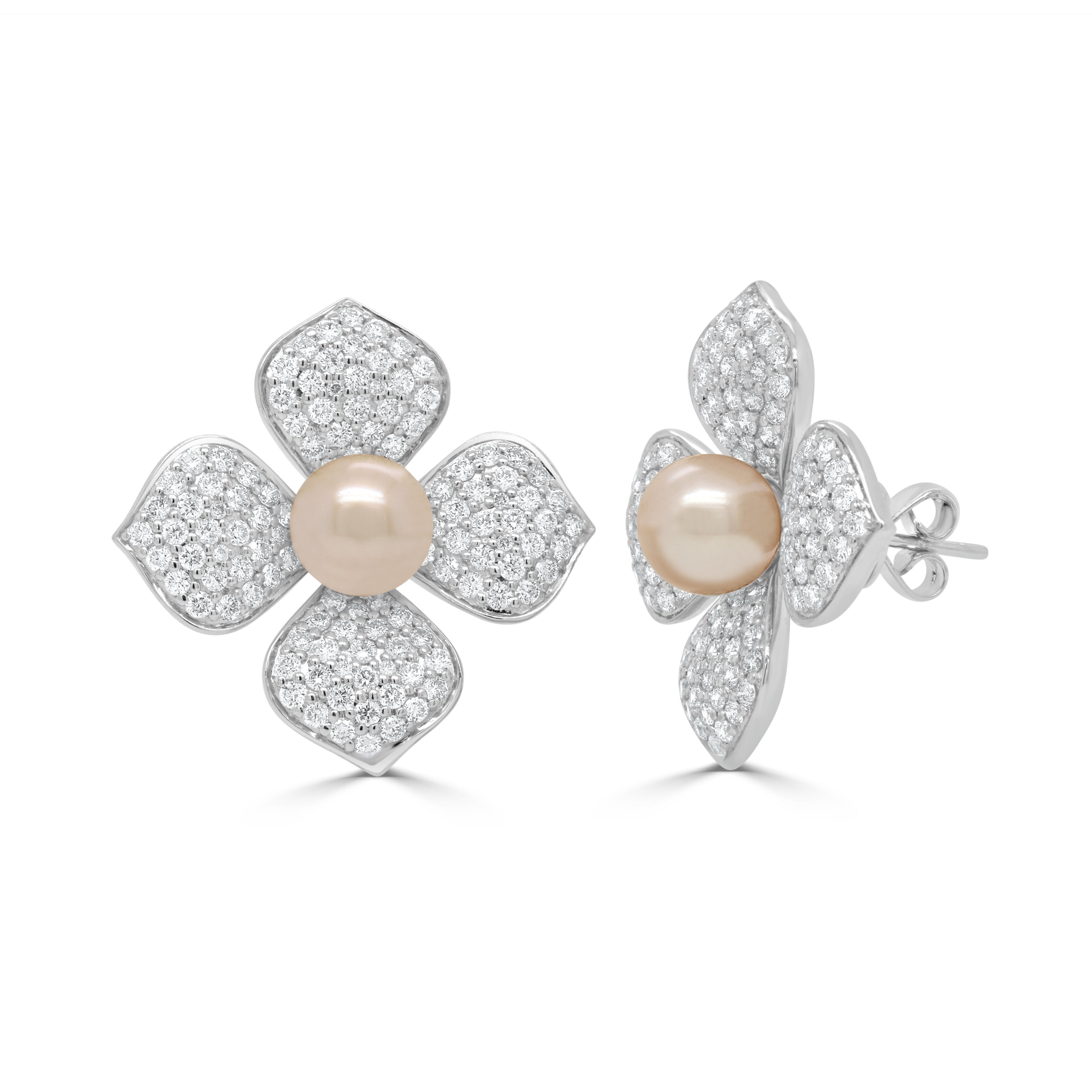 14K Gold Pearl & Diamond Floral Earrings - 2.16ct