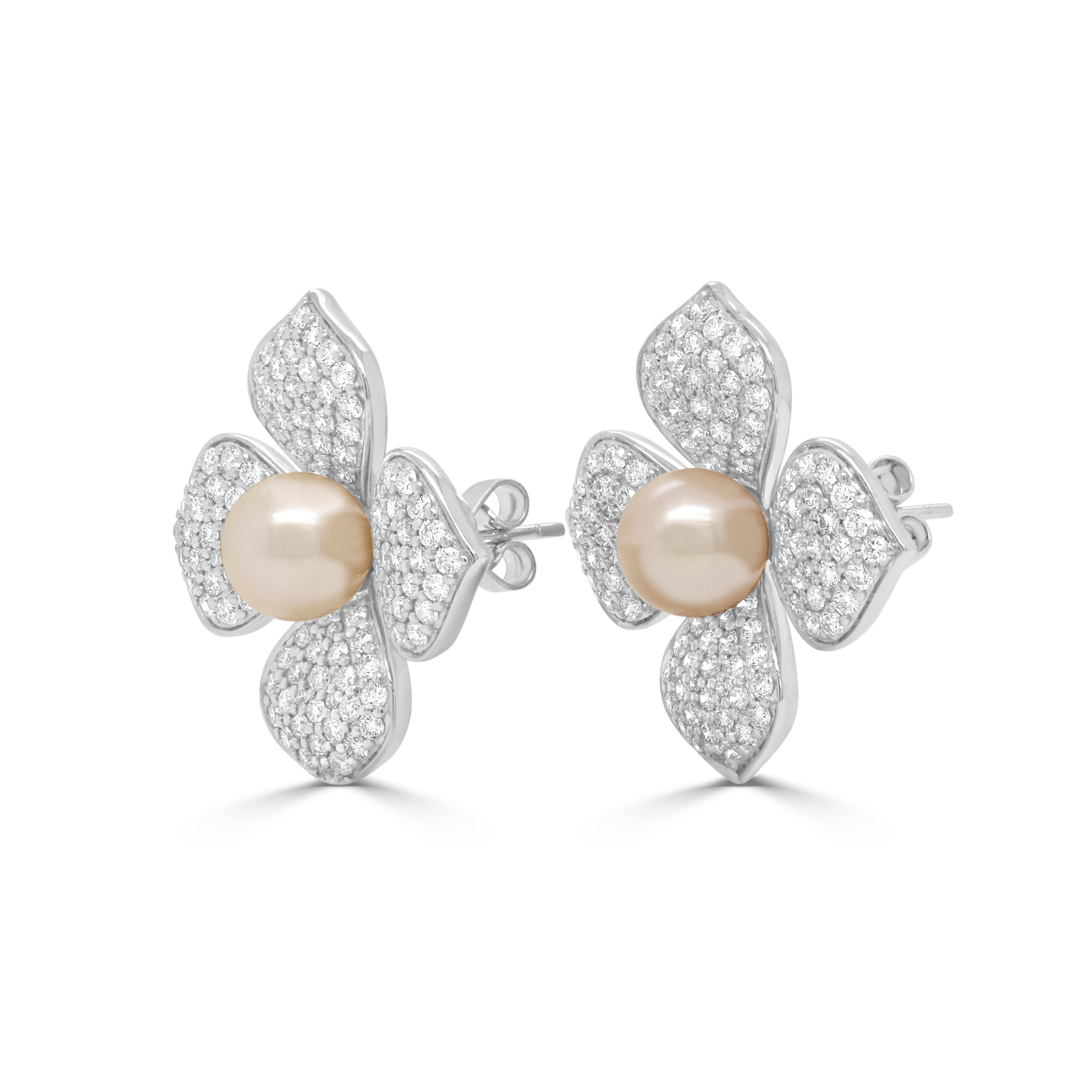 14K Gold Pearl & Diamond Floral Earrings - 2.16ct