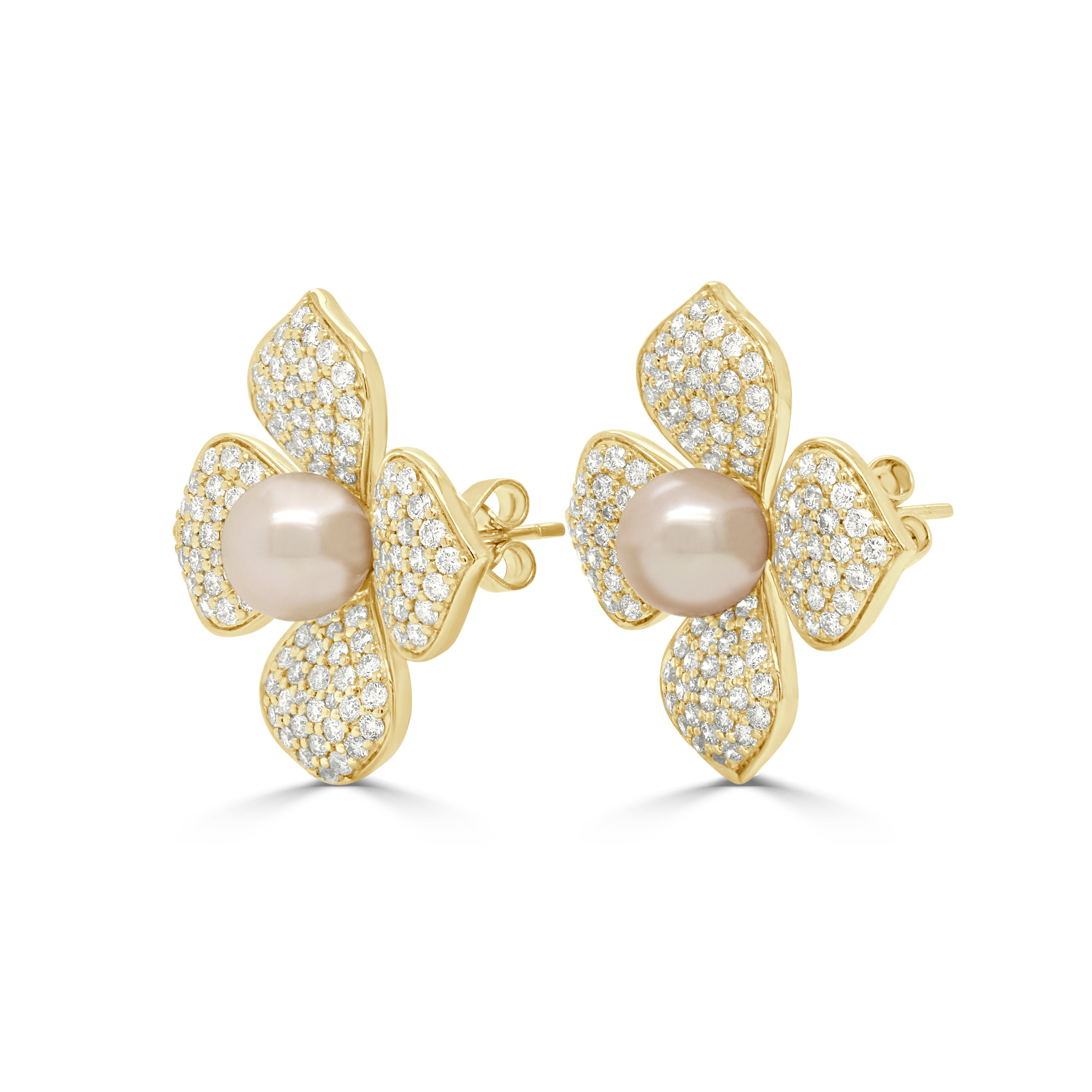 14K Gold Pearl & Diamond Floral Earrings - 2.16ct