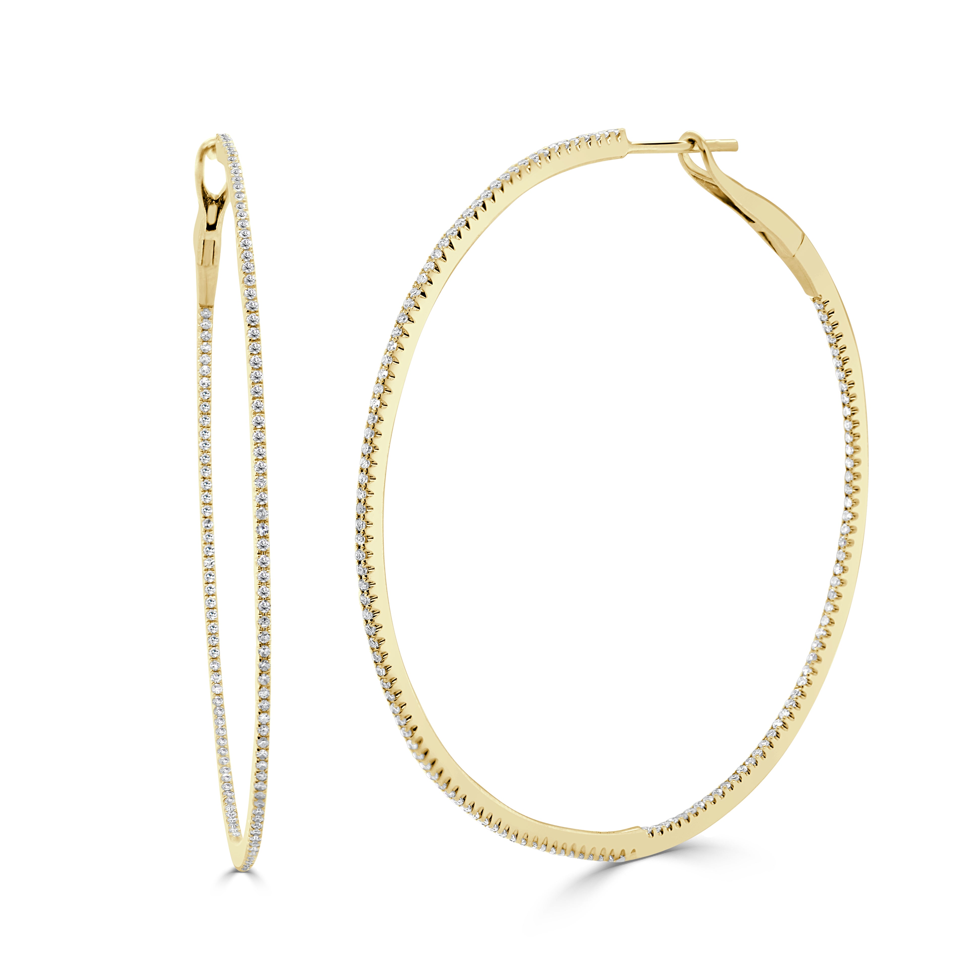 14k Gold & Diamond Skinny Hoop Earrings 2" -  0.68ct