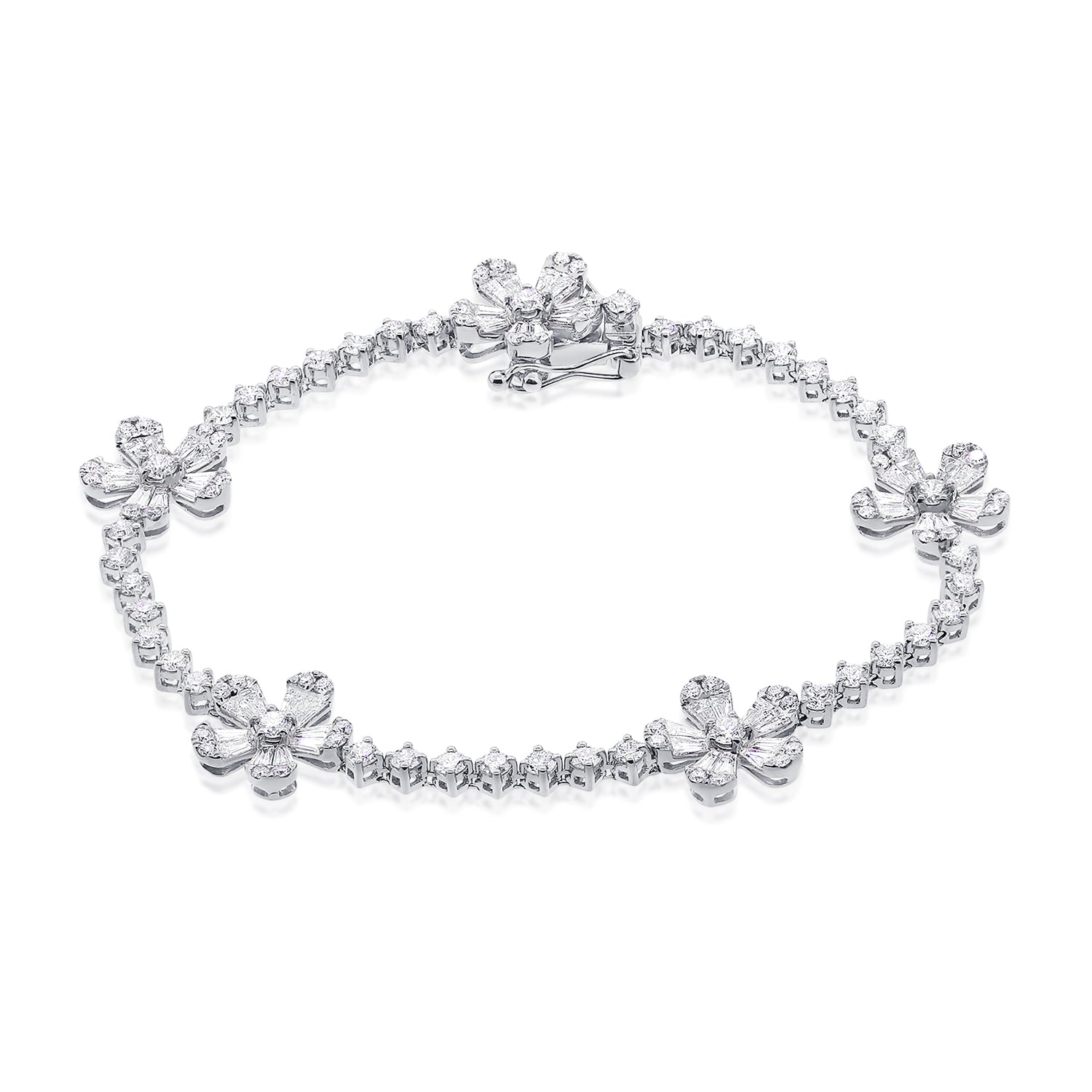 14K Gold & Diamond Flower Station Tennis Bracelet - 4.86ct