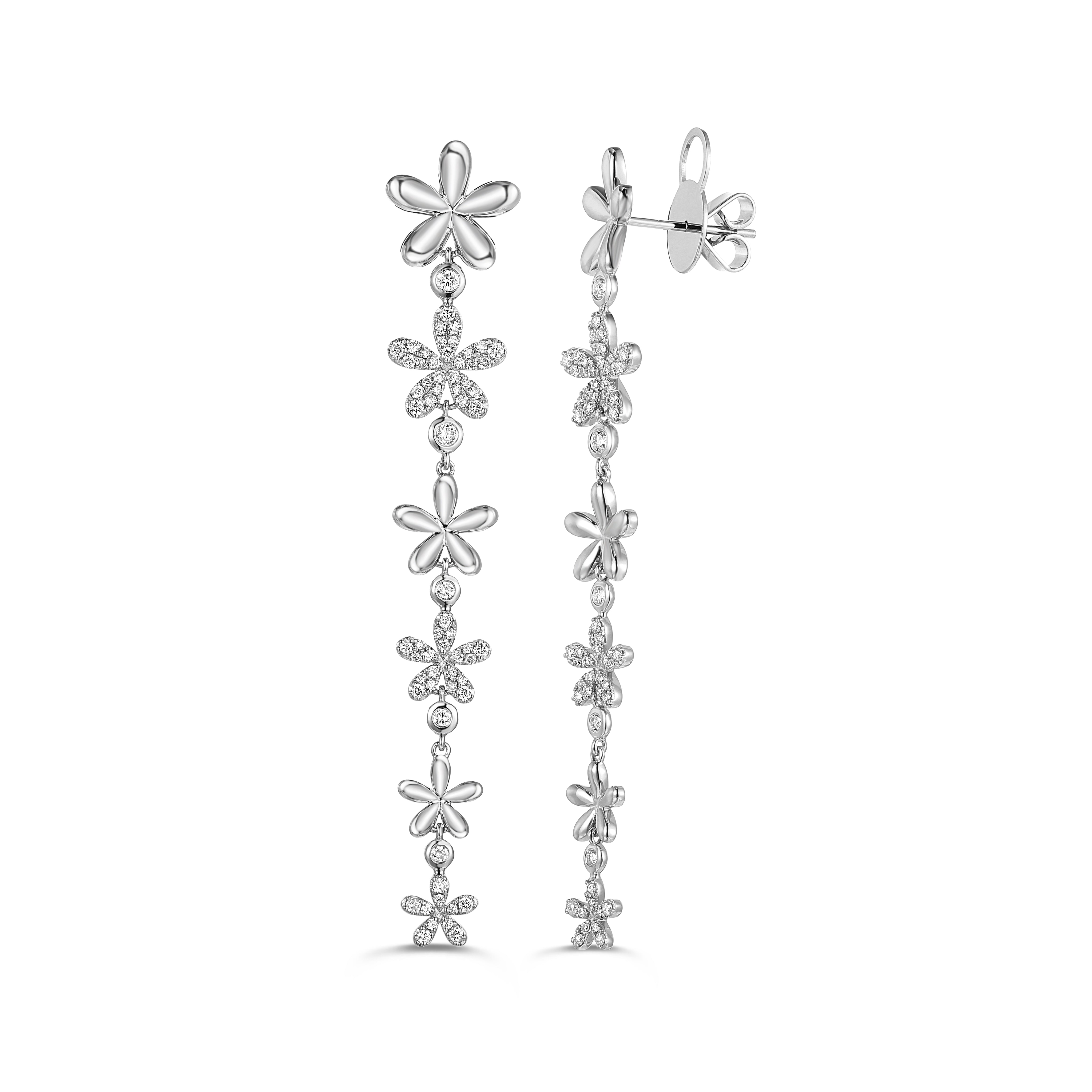 18K Gold & Diamond Flower Dangle Earrings - 0.74ct