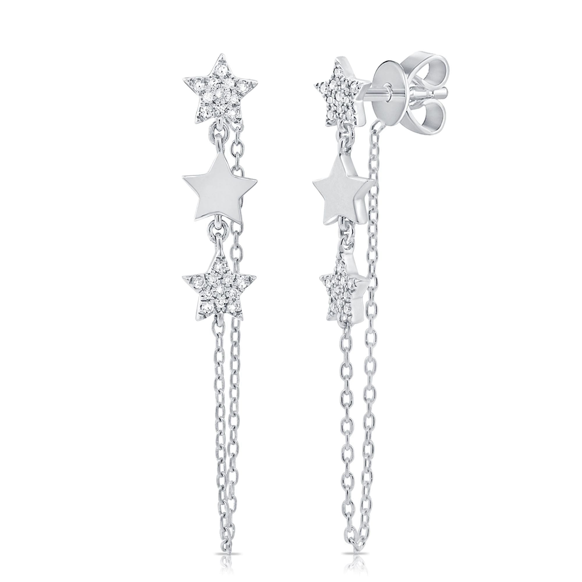 14K Gold & Diamond Star Chain Dangle Earrings - 0.20ct