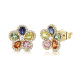 14K Gold & Multi-Color Gemstone Flower Stud Earrings - 2.33ct