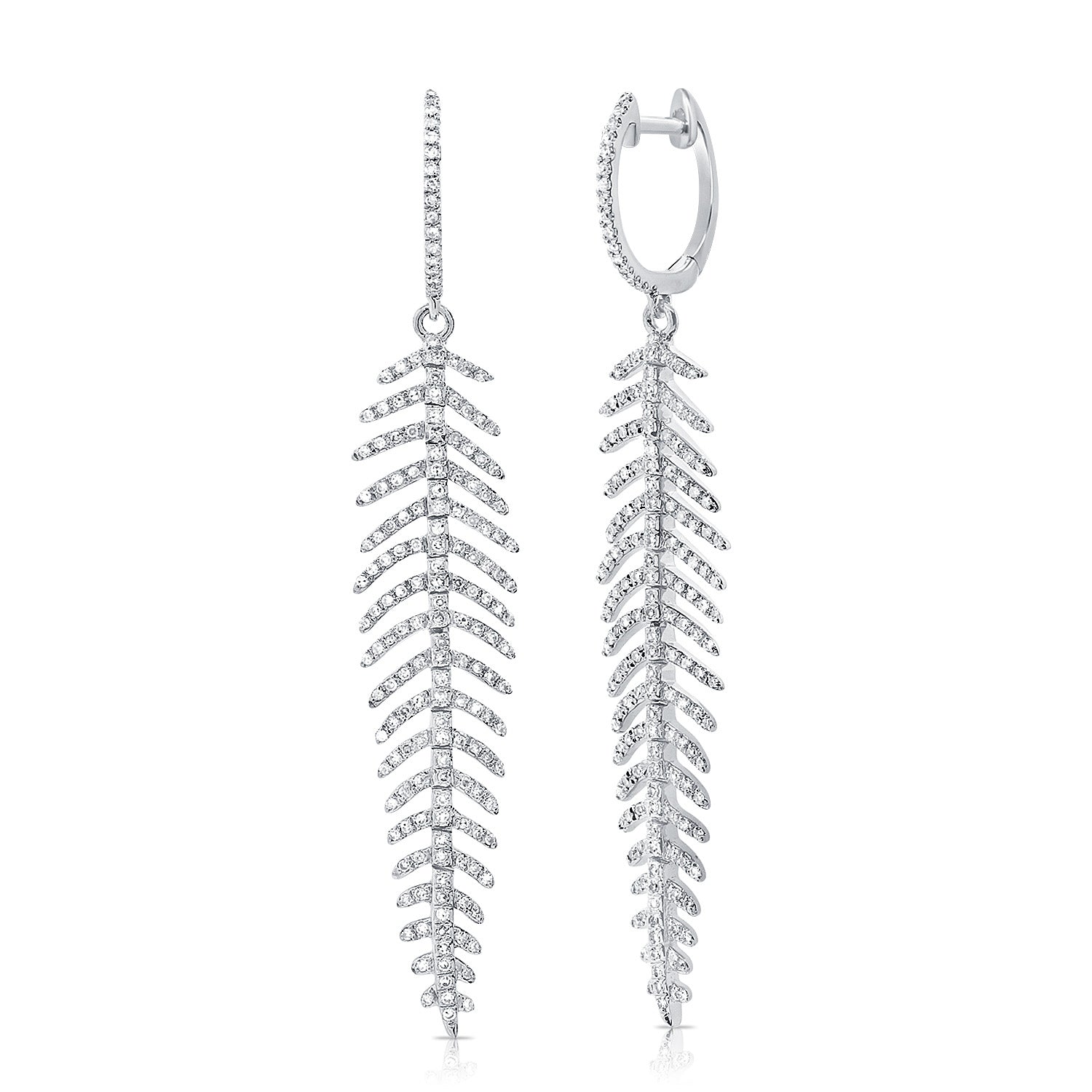 14K Gold & Diamond Feather Dangle Earrings - 1.42ct