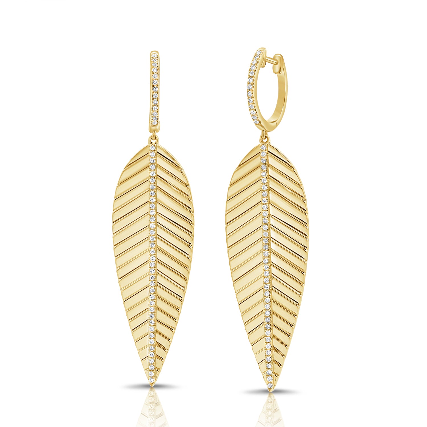 14K Gold Diamond Feather Dangle Earring - 0.32ct