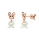 14K Gold Diamond Pearl Butterfly Earrings