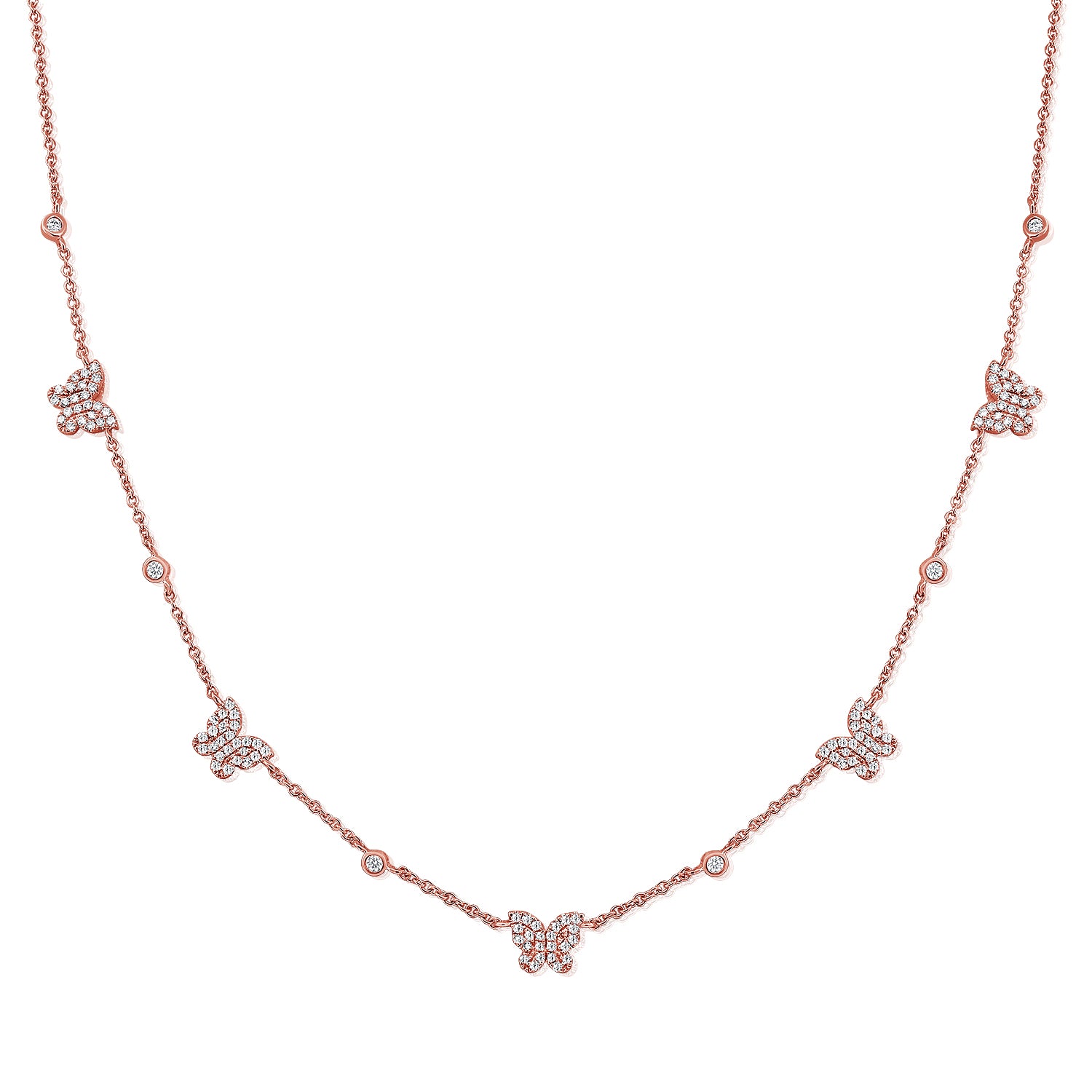 14K Gold & Diamond Butterfly Station Necklace 0.50ct