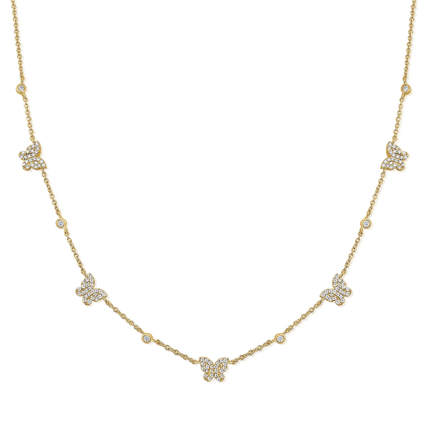 14K Gold & Diamond Butterfly Station Necklace 0.50ct