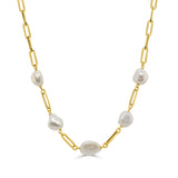 14K Gold & Pearl Station Paperclip Link Necklace