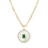 14k Gold Mother of Pearl, Green Emerald & Diamond Circle Charm