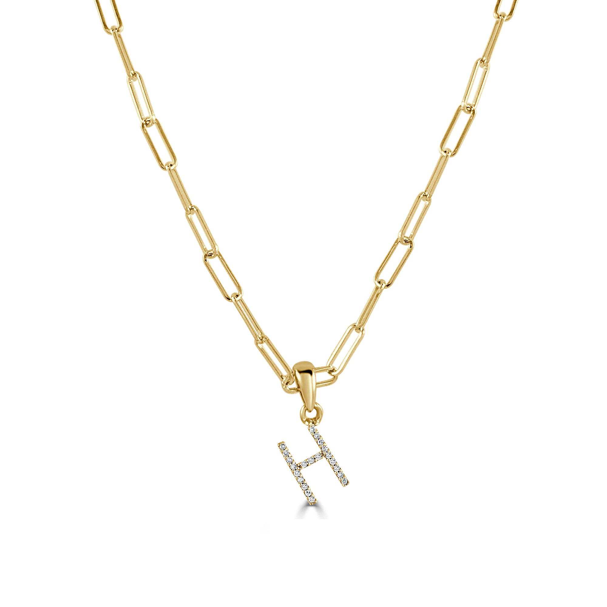 14k Yellow Gold & Diamond Paperclip Initial Necklace 0.04ct - 0.09ct