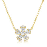 14k Gold & Baguette Diamond Flower Necklace - 0.48ct