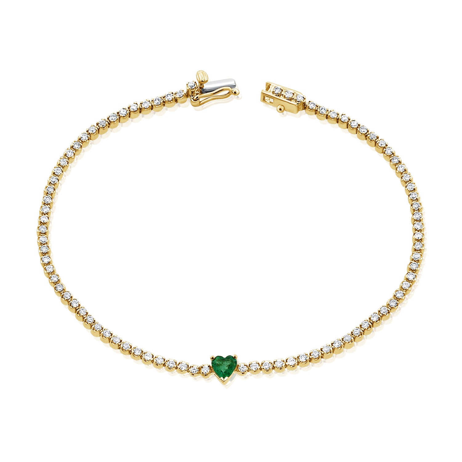 14K Gold Diamond & Heart Emerald Tennis Bracelet