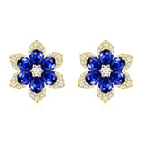 14k Gold Diamond & Sapphire Flower Stud Earrings