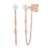 14K Gold Pearl & Diamond Chain Dangle Earrings - 0.02ct