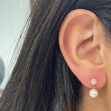 14k Gold Pearl & Diamond Dangle Stud Earrings - 0.10ct