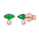 14k Gold Green Emerald Marquise & Diamond Stud Earrings