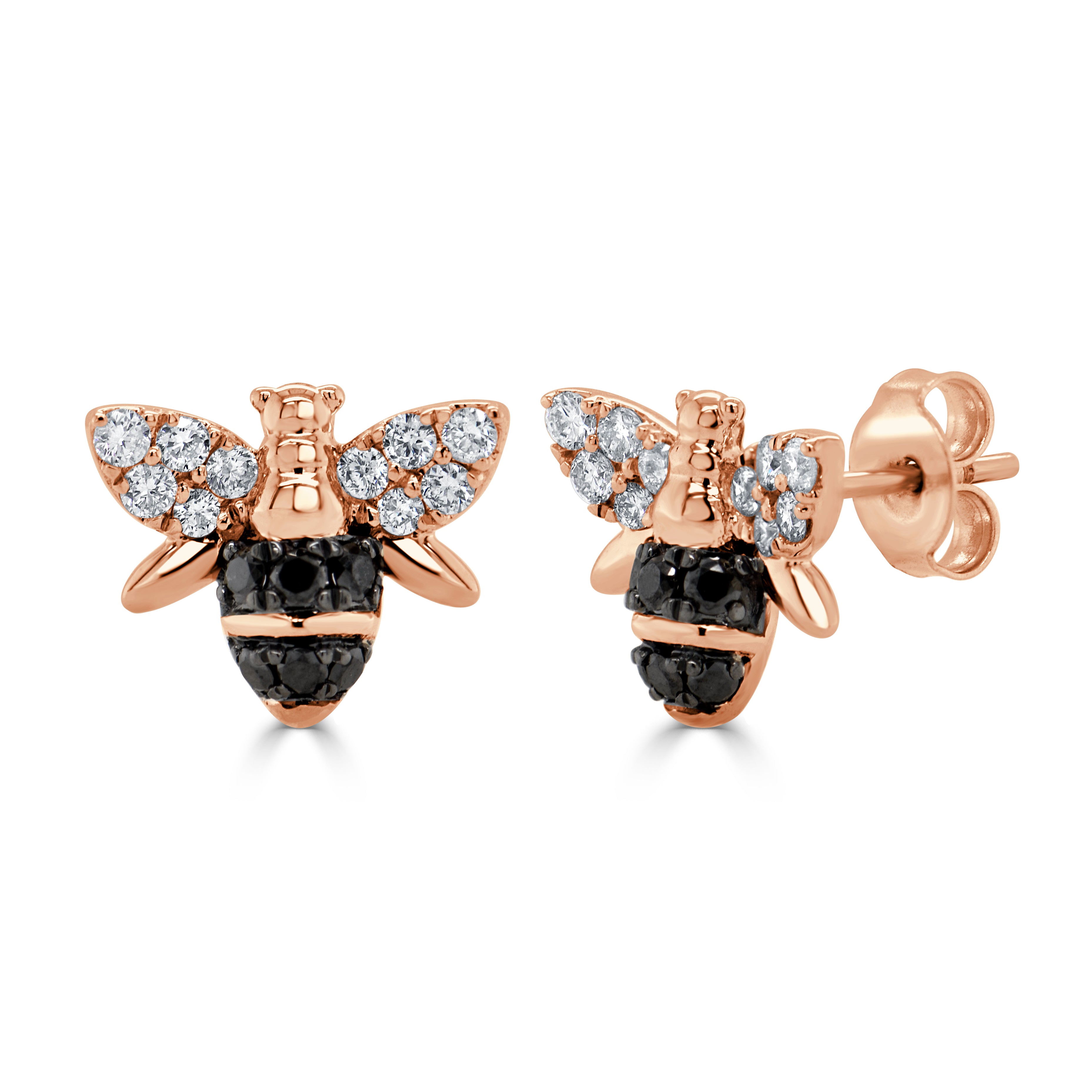 14k Gold Black & White Diamond Bumble Bee Stud Earring - 1.23ct