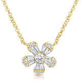 14k Gold & Diamond Baguette Flower Necklace - 0.38ct