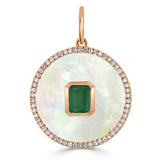 14k Gold Mother of Pearl, Green Emerald & Diamond Circle Charm