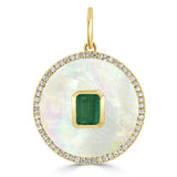 14k Gold Mother of Pearl, Green Emerald & Diamond Circle Charm